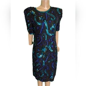 Stenay Vintage Glam Black Beaded Dress With Electric Blue & Green Sequins Large